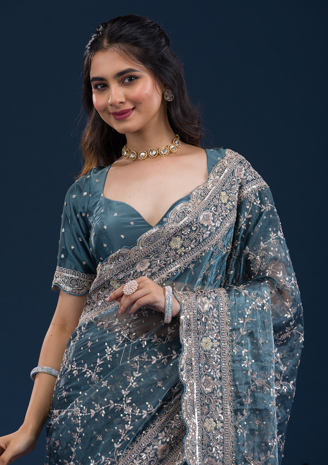 Peacock Blue Zariwork Tissue Saree