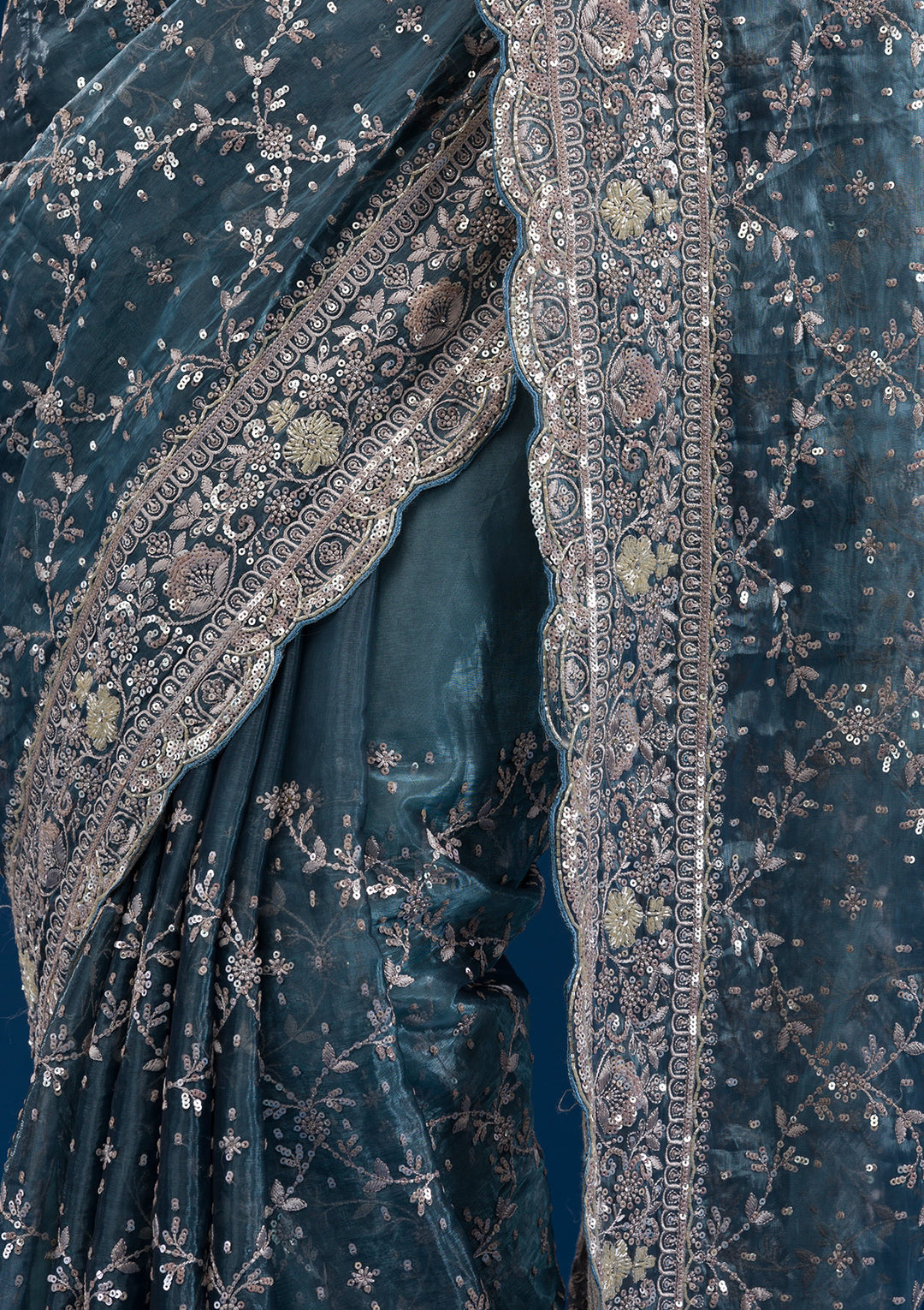 Peacock Blue Zariwork Tissue Saree