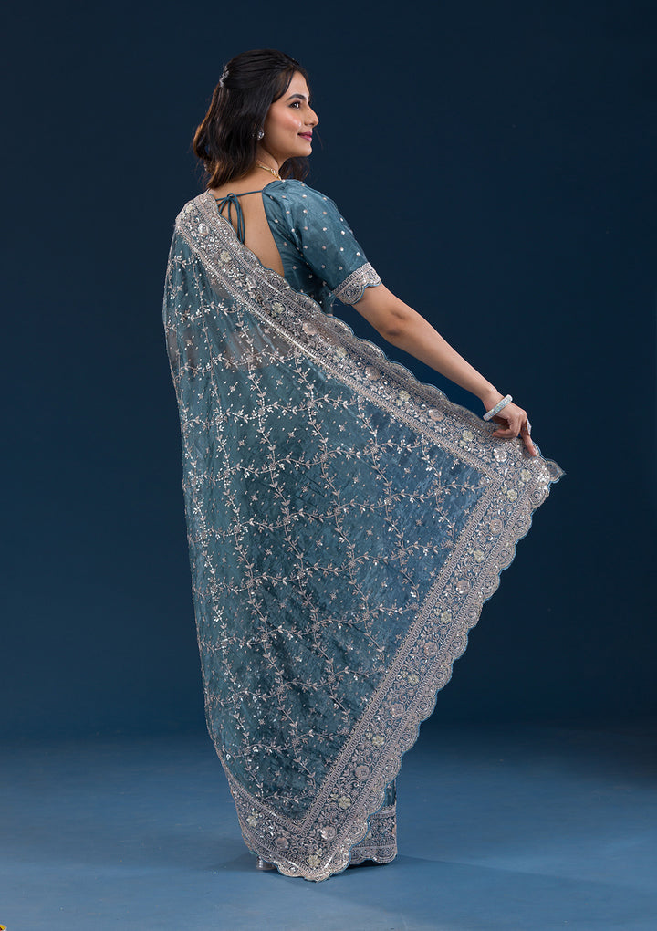 Peacock Blue Zariwork Tissue Saree
