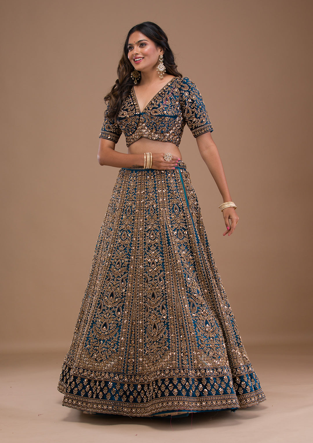 Peacock Blue Zariwork Velvet Semi Stitched Lehenga