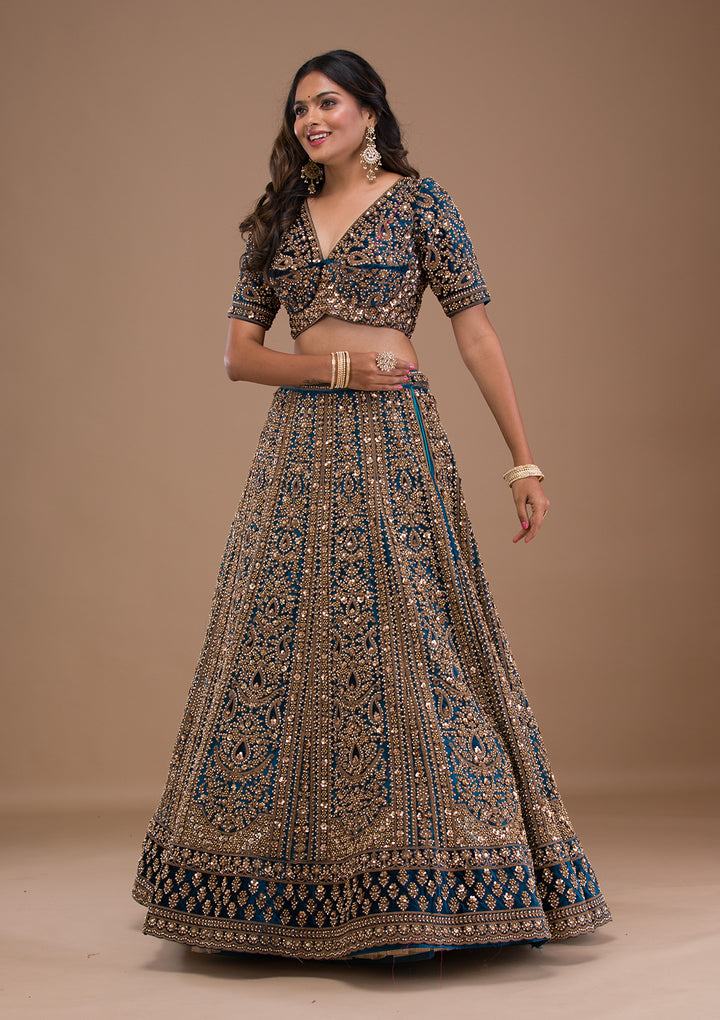 Peacock Blue Zariwork Velvet Semi Stitched Lehenga