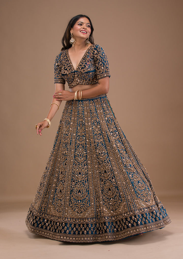 Peacock Blue Zariwork Velvet Semi Stitched Lehenga