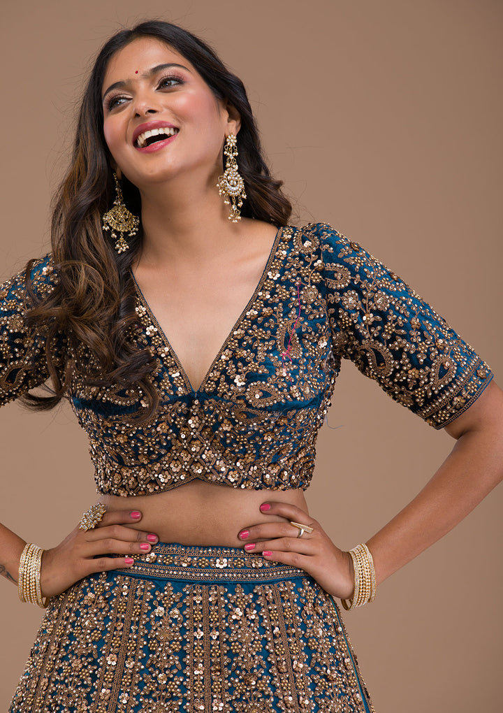 Peacock Blue Zariwork Velvet Semi Stitched Lehenga
