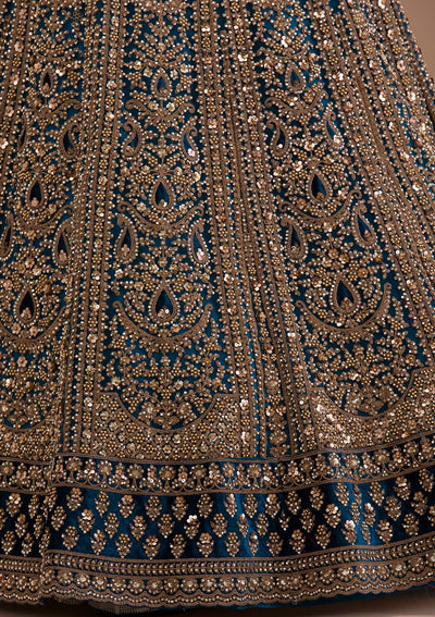 Peacock Blue Zariwork Velvet Semi Stitched Lehenga