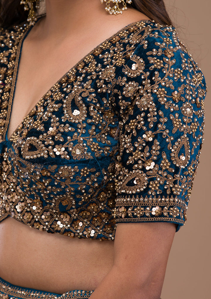 Peacock Blue Zariwork Velvet Semi Stitched Lehenga