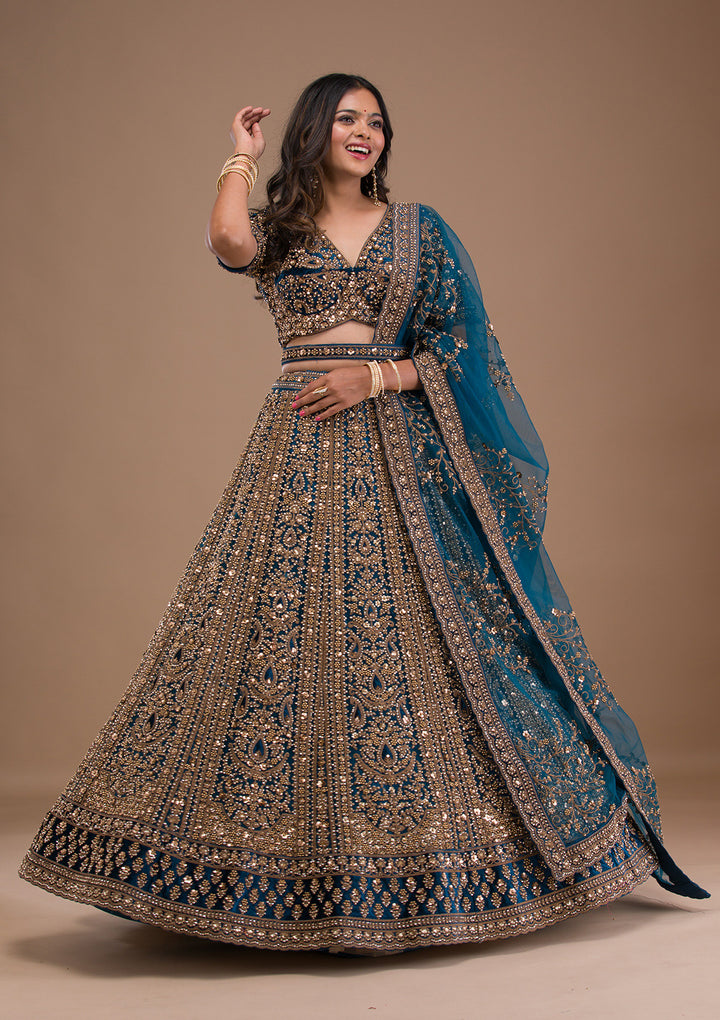 Peacock Blue Zariwork Velvet Semi Stitched Lehenga