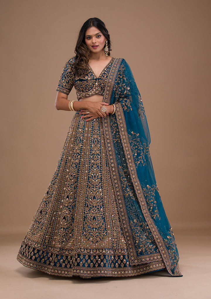 Peacock Blue Zariwork Velvet Semi Stitched Lehenga