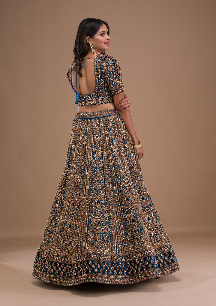 Peacock Blue Zariwork Velvet Semi Stitched Lehenga