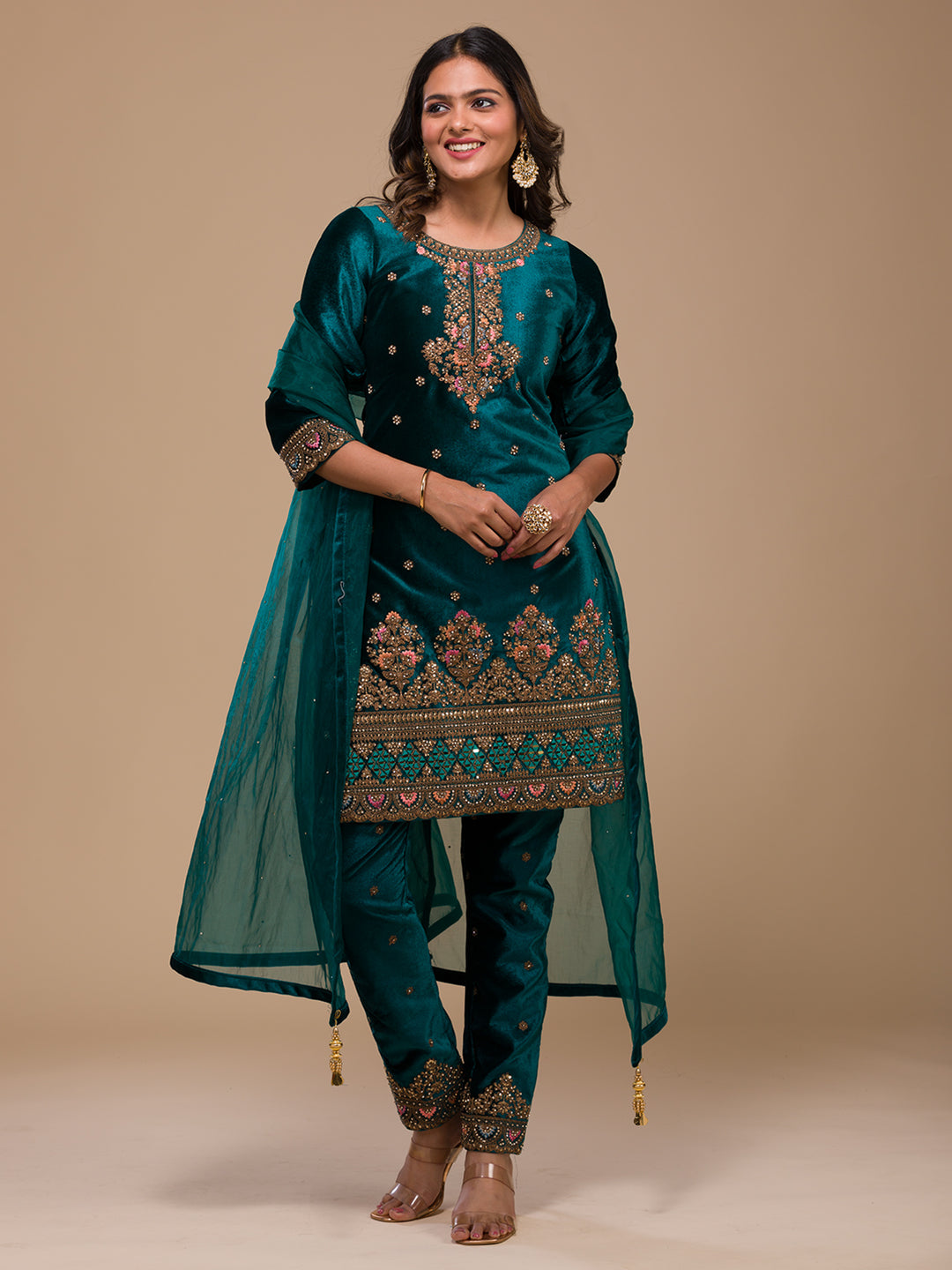 Peacock Blue Zariwork Velvet Readymade Salwar Suit-Koskii
