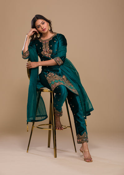 Peacock Blue Zariwork Velvet Readymade Salwar Suit-Koskii