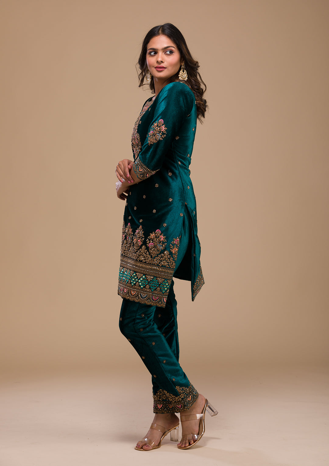 Peacock Blue Zariwork Velvet Readymade Salwar Suit-Koskii