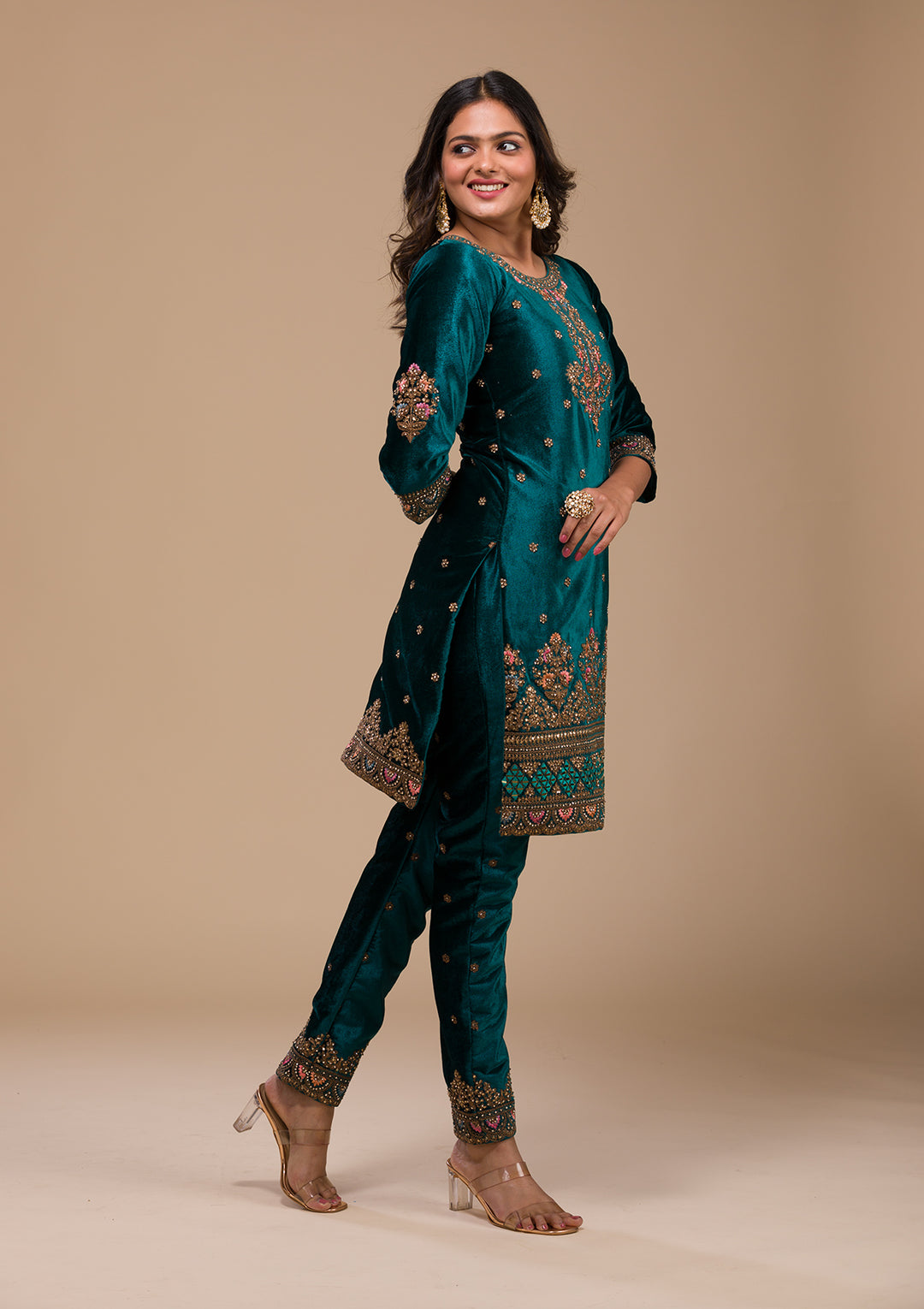 Peacock Blue Zariwork Velvet Readymade Salwar Suit-Koskii