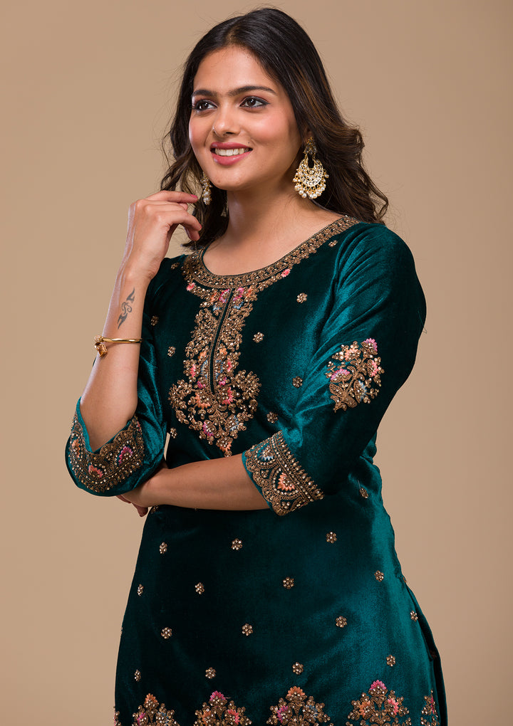 Peacock Blue Zariwork Velvet Readymade Salwar Suit-Koskii