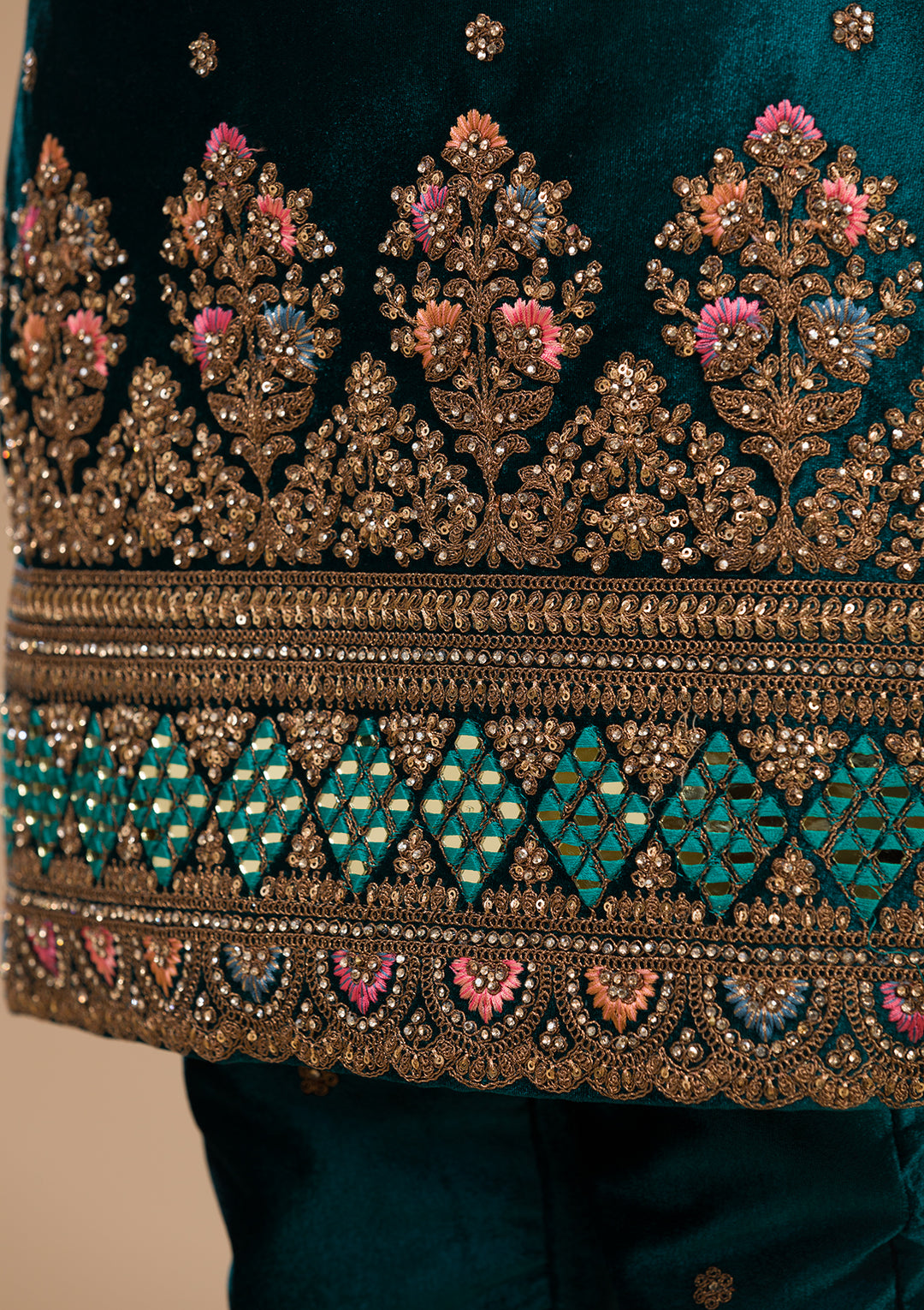 Peacock Blue Zariwork Velvet Readymade Salwar Suit-Koskii