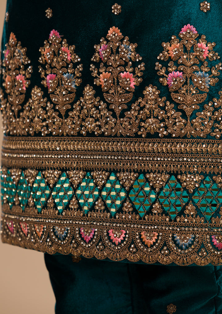 Peacock Blue Zariwork Velvet Readymade Salwar Suit-Koskii