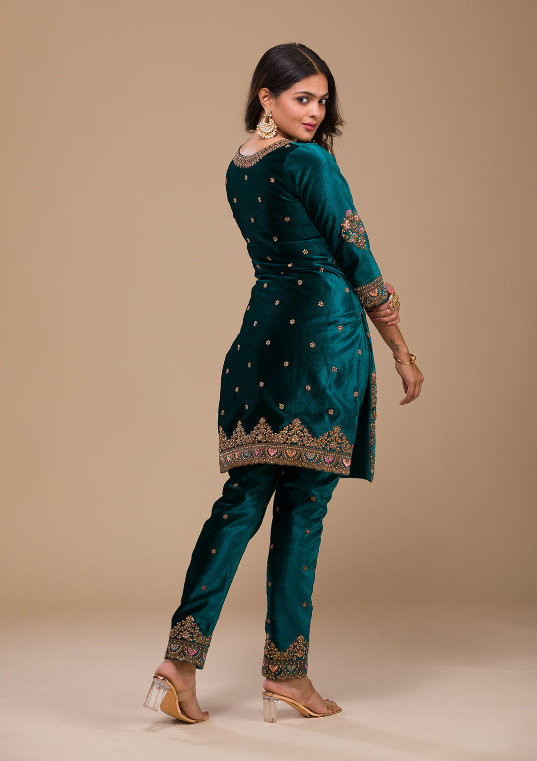 Peacock Blue Zariwork Velvet Readymade Salwar Suit-Koskii