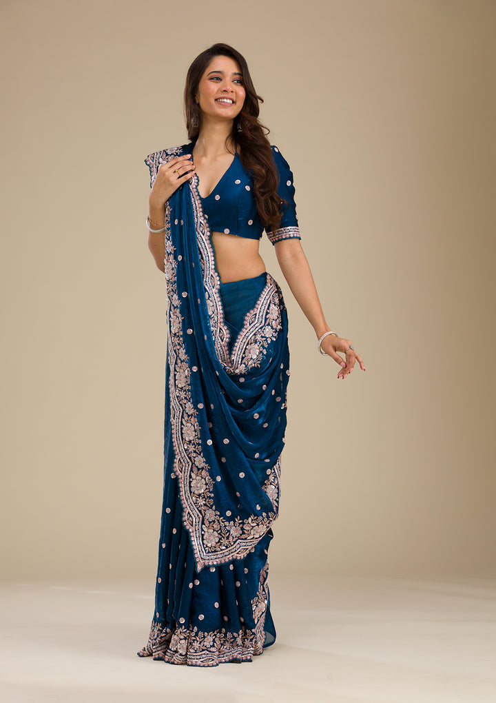 Peacock Blue Zariwork Velvet Saree