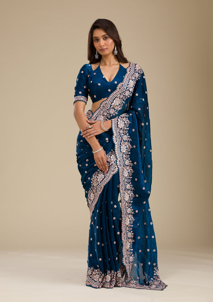 Peacock Blue Zariwork Velvet Saree