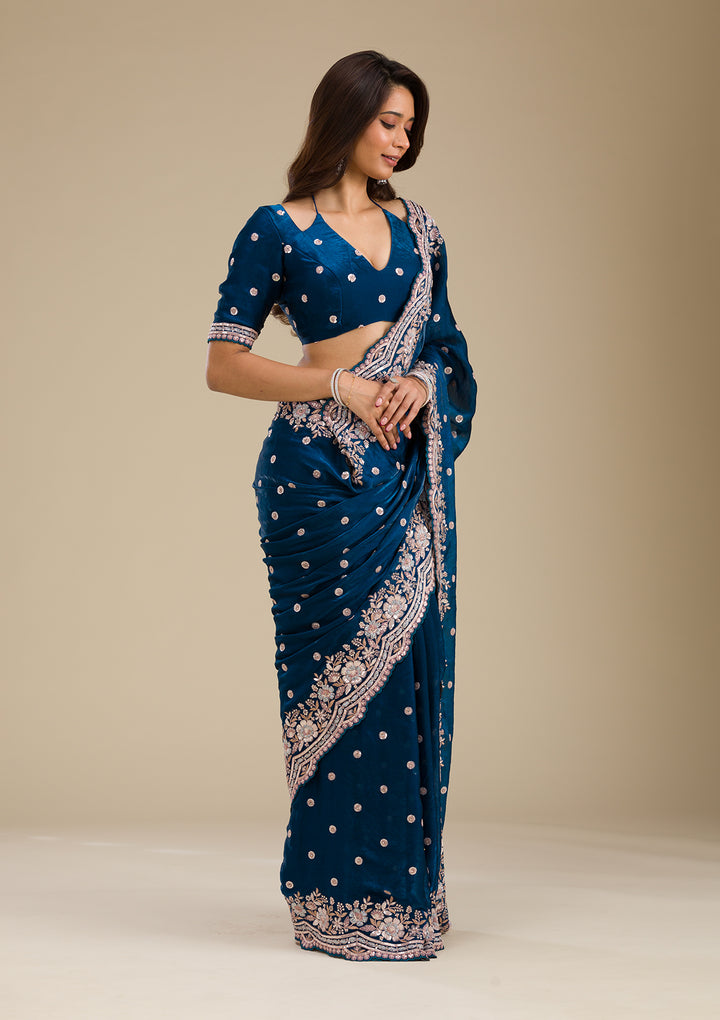 Peacock Blue Zariwork Velvet Saree