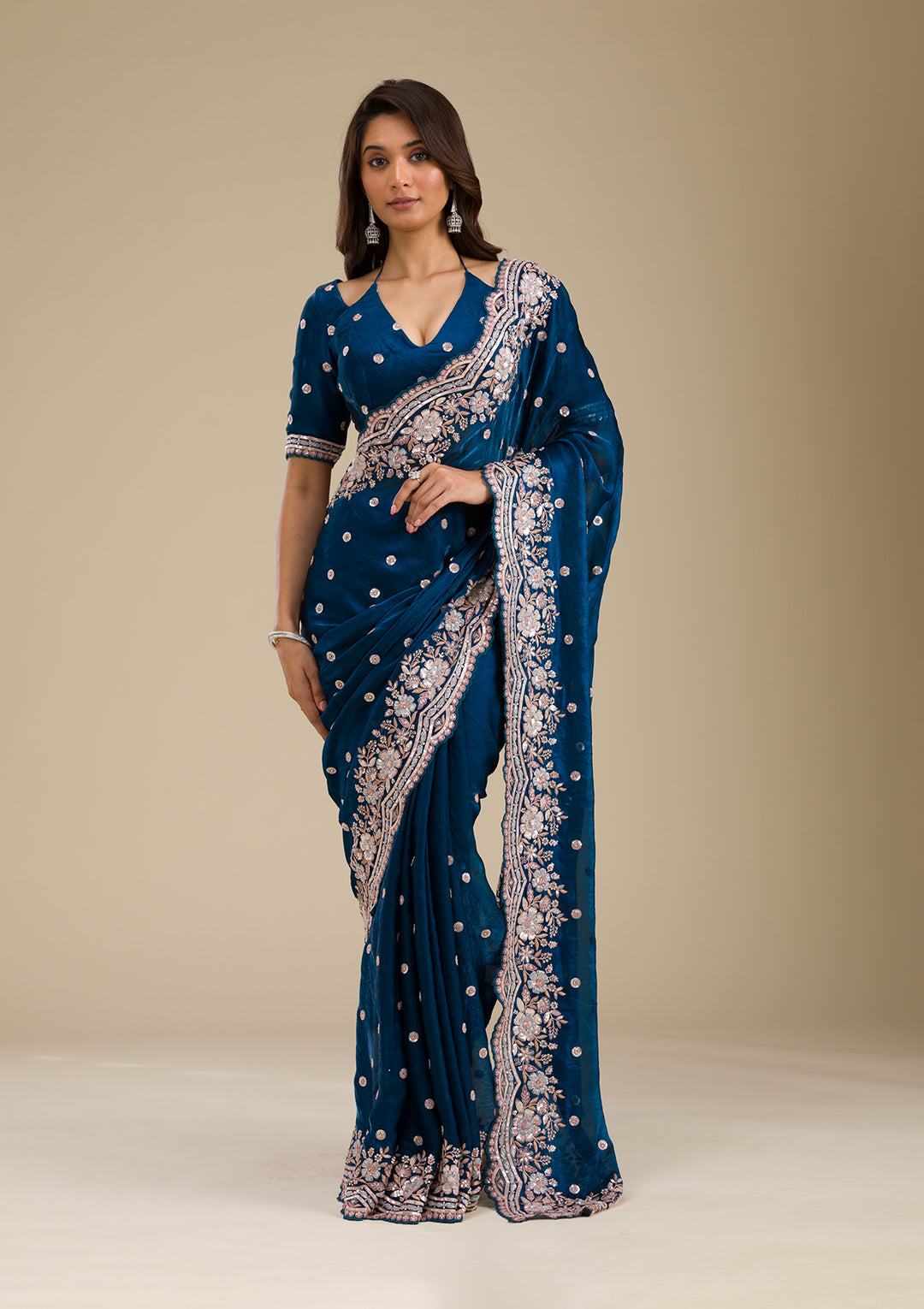 Peacock Blue Zariwork Velvet Saree