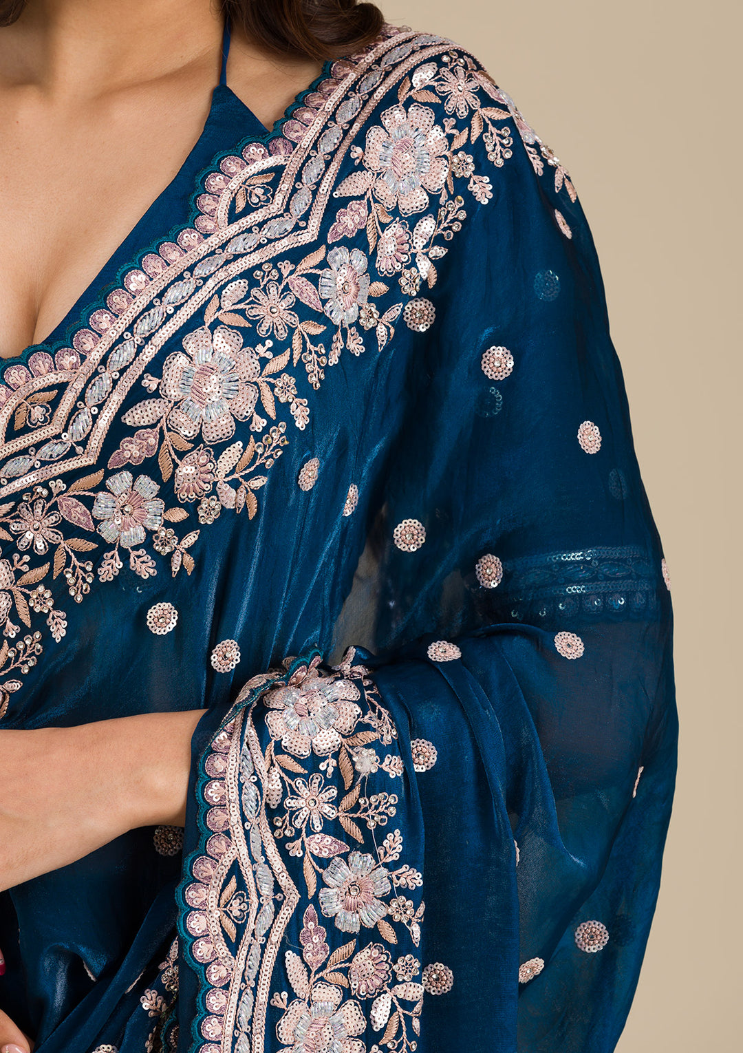 Peacock Blue Zariwork Velvet Saree