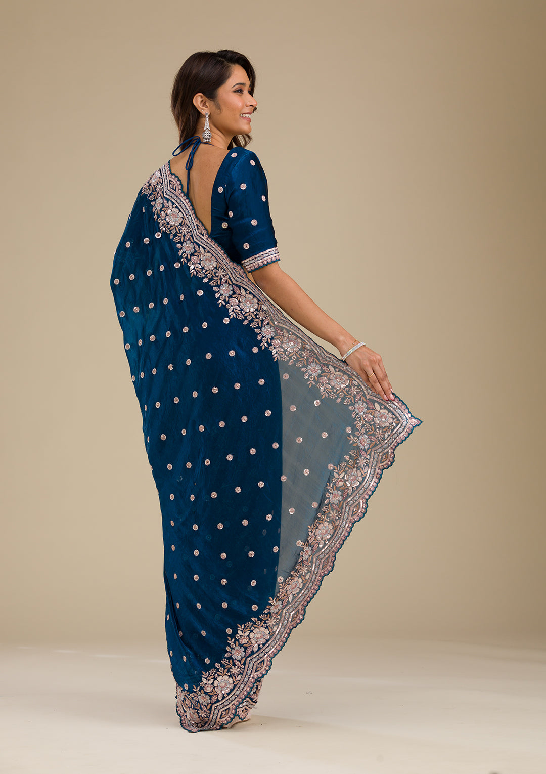 Peacock Blue Zariwork Velvet Saree