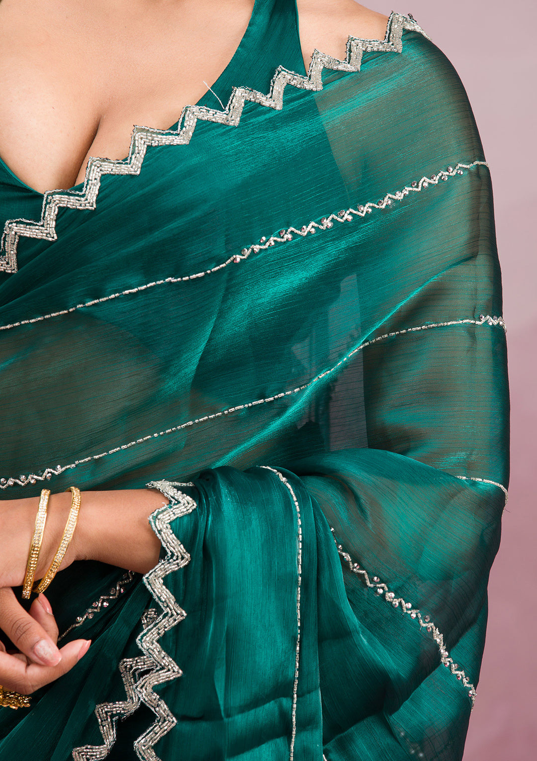 Peacock Green Cutdana Tissue Saree
