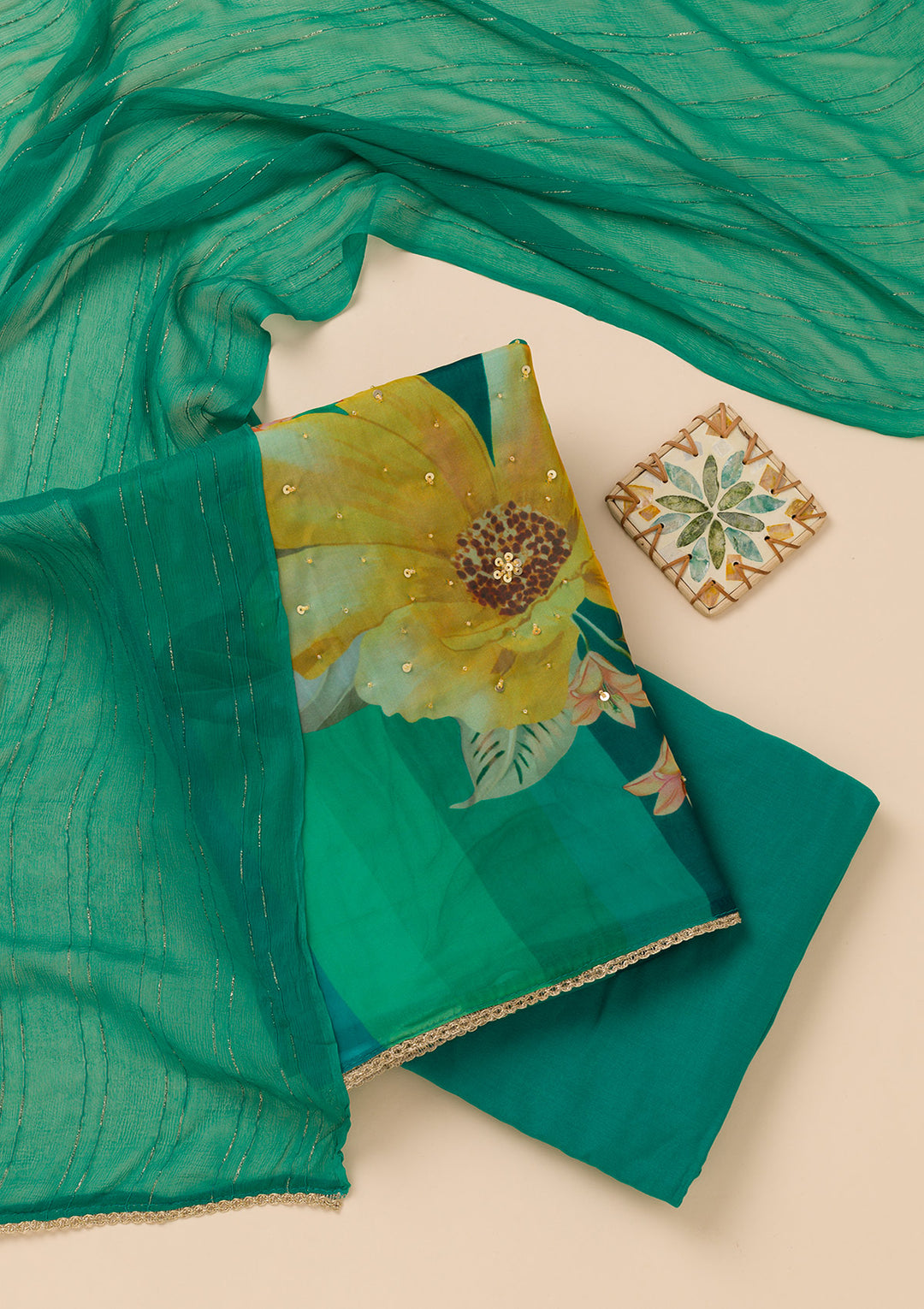 Peacock Green Printed Tissue Unstitched Salwar Suit