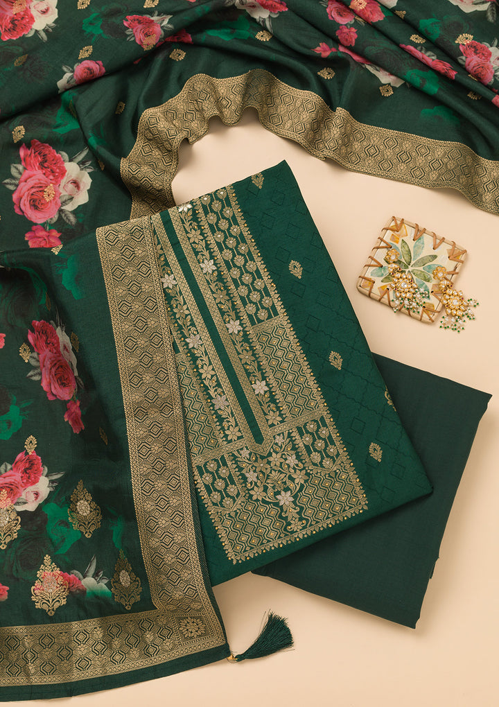 Peacock Green Zariwork Semi Crepe Unstitched Salwar Suit