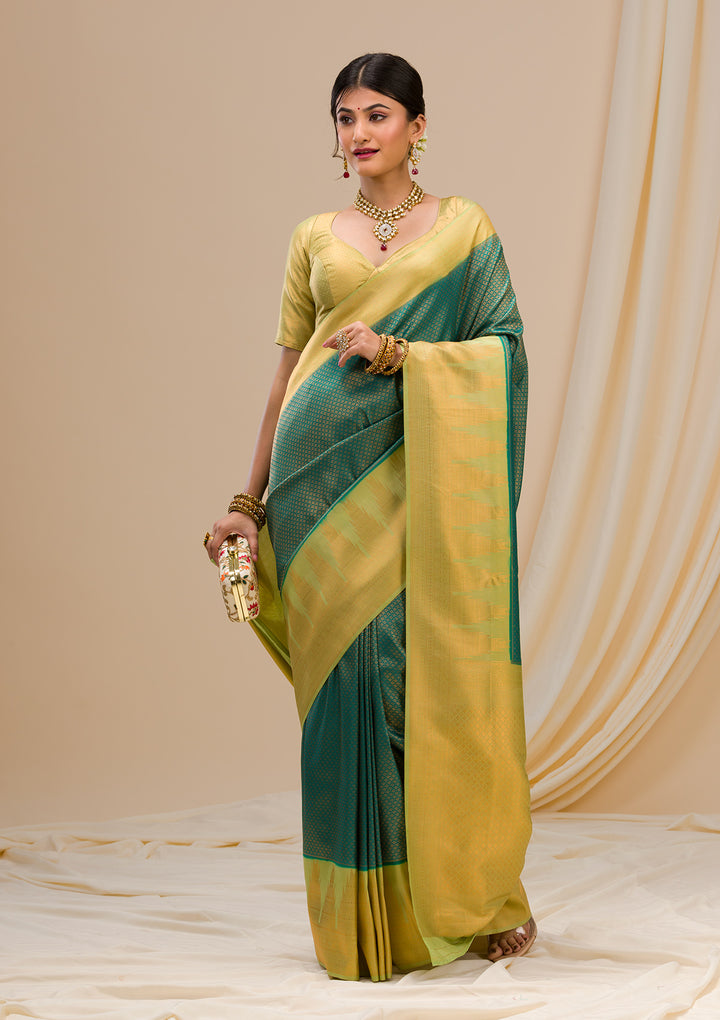 Peacock Green Zariwork Soft Silk Saree