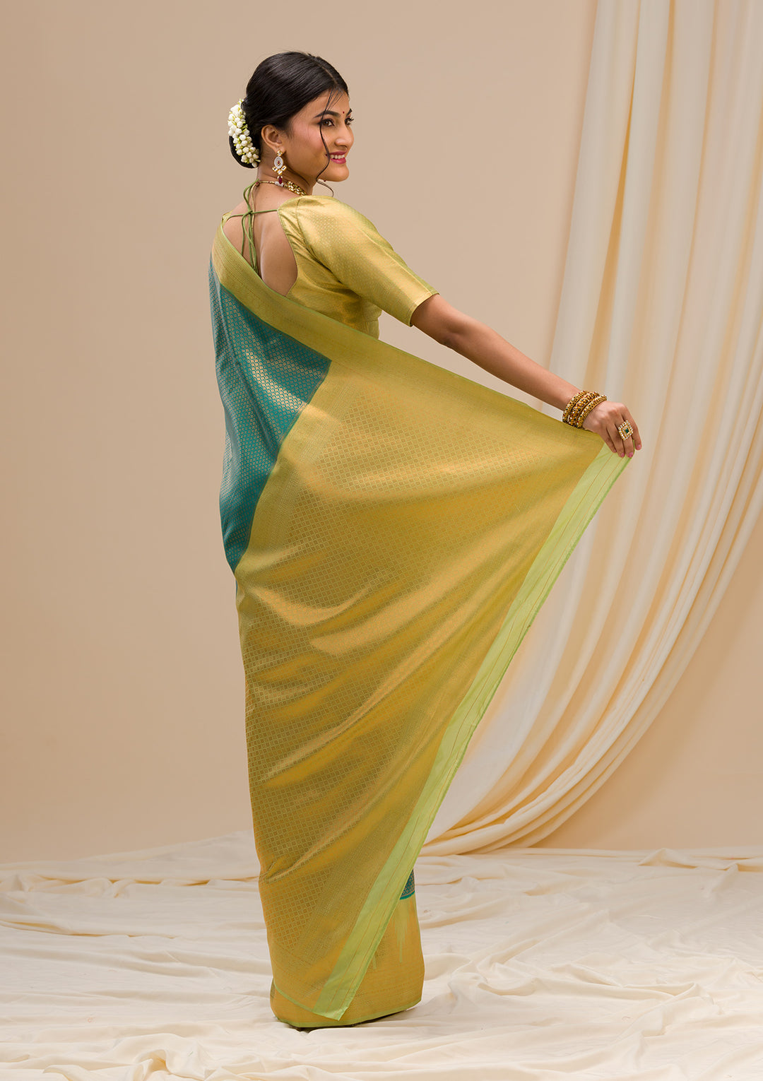 Peacock Green Zariwork Soft Silk Saree