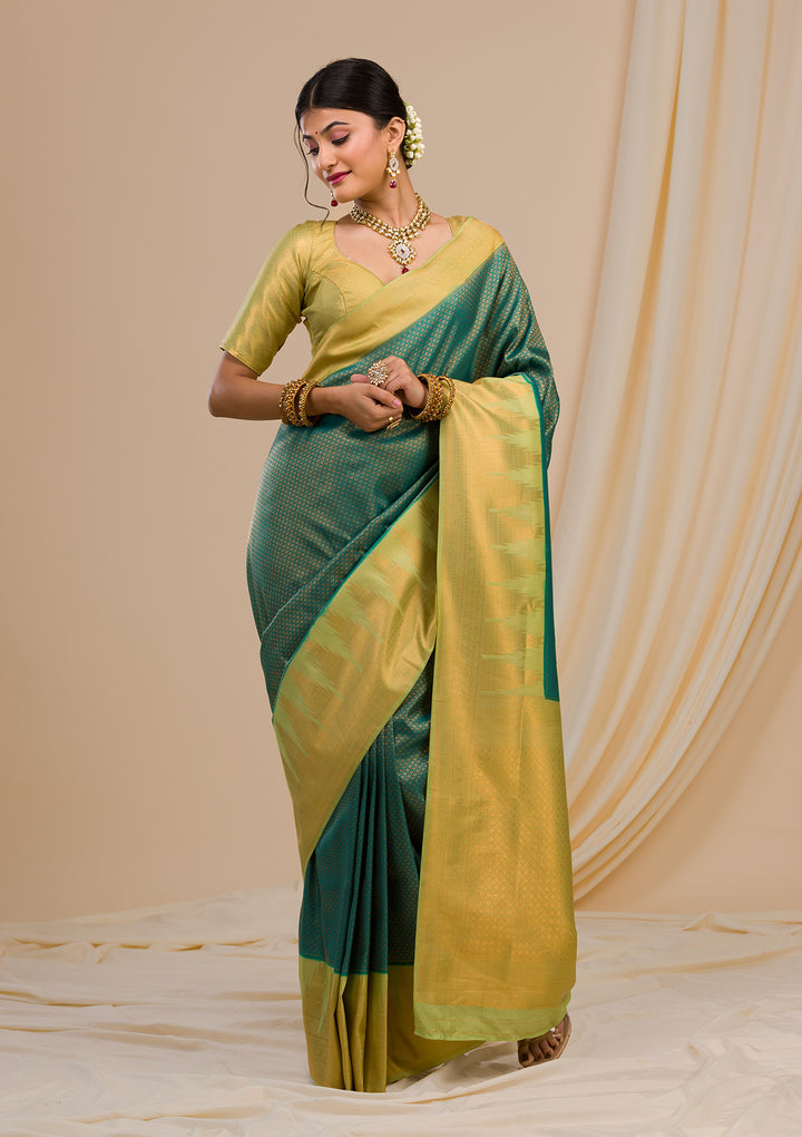 Peacock Green Zariwork Soft Silk Saree