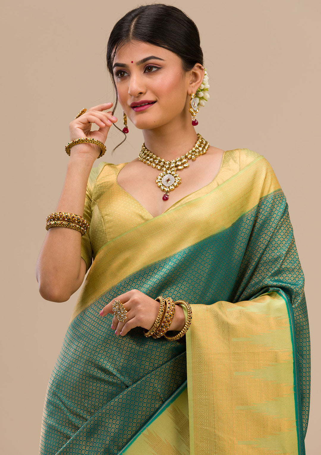 Peacock Green Zariwork Soft Silk Saree