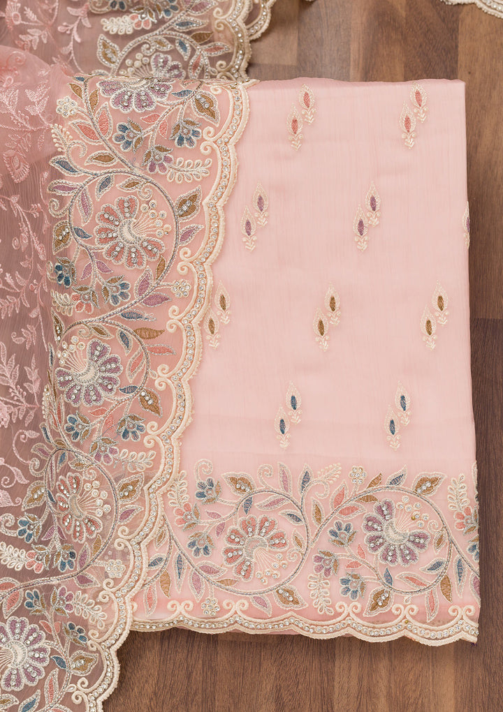 Pink Chiffon Semi Crepe Unstitched Salwar Suit