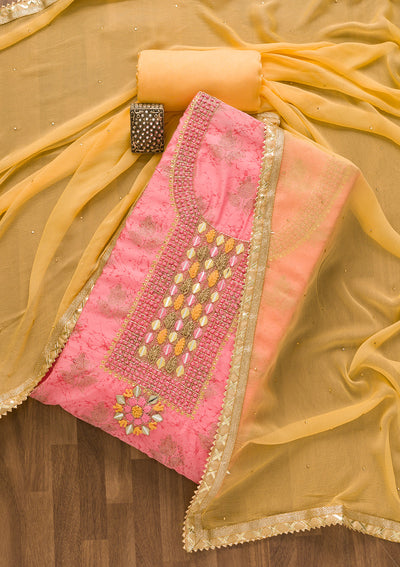 Pink Cutdana Semi Crepe Unstitched Salwar Suit-Koskii