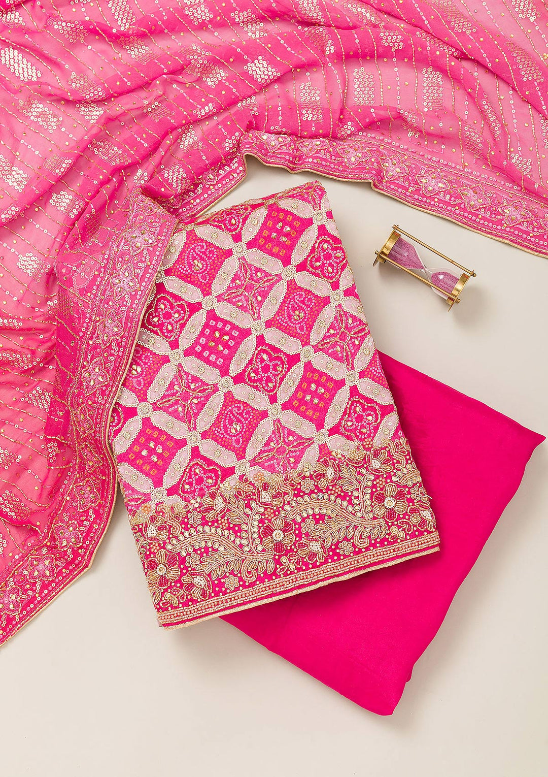Pink Cutdana Semi Crepe Unstitched Salwar Suit