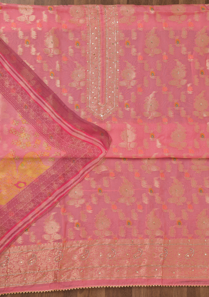 Pink Cutdana Semi Crepe Unstitched Salwar Suit