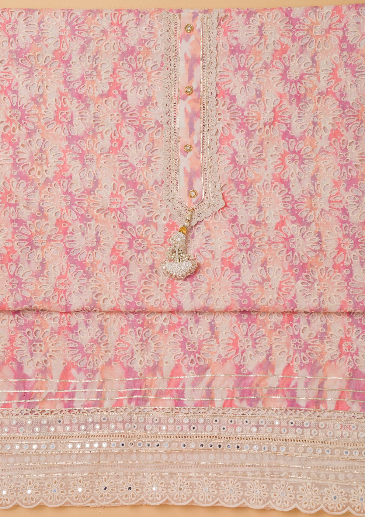 Pink Cutwork Chickenkari Cotton Unstitched Salwar Suit