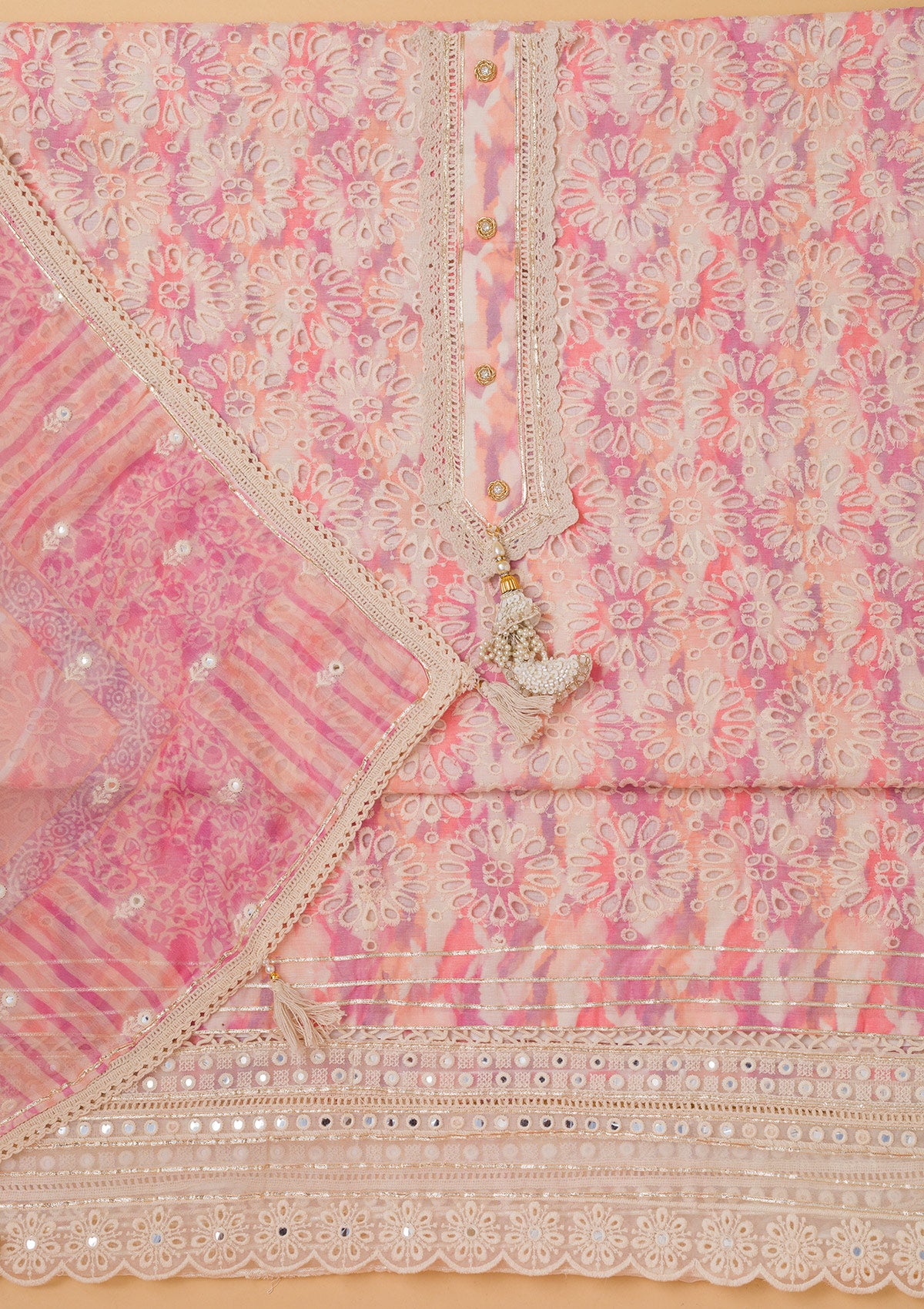 Pink Cutwork Chickenkari Cotton Unstitched Salwar Suit