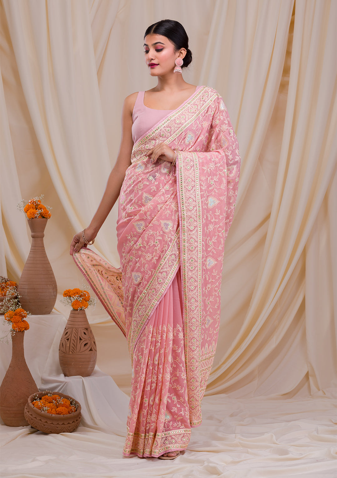 Pink Gotapatti Chiffon Saree-Koskii