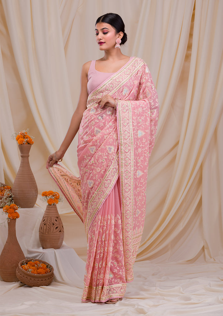 Pink Gotapatti Chiffon Saree-Koskii