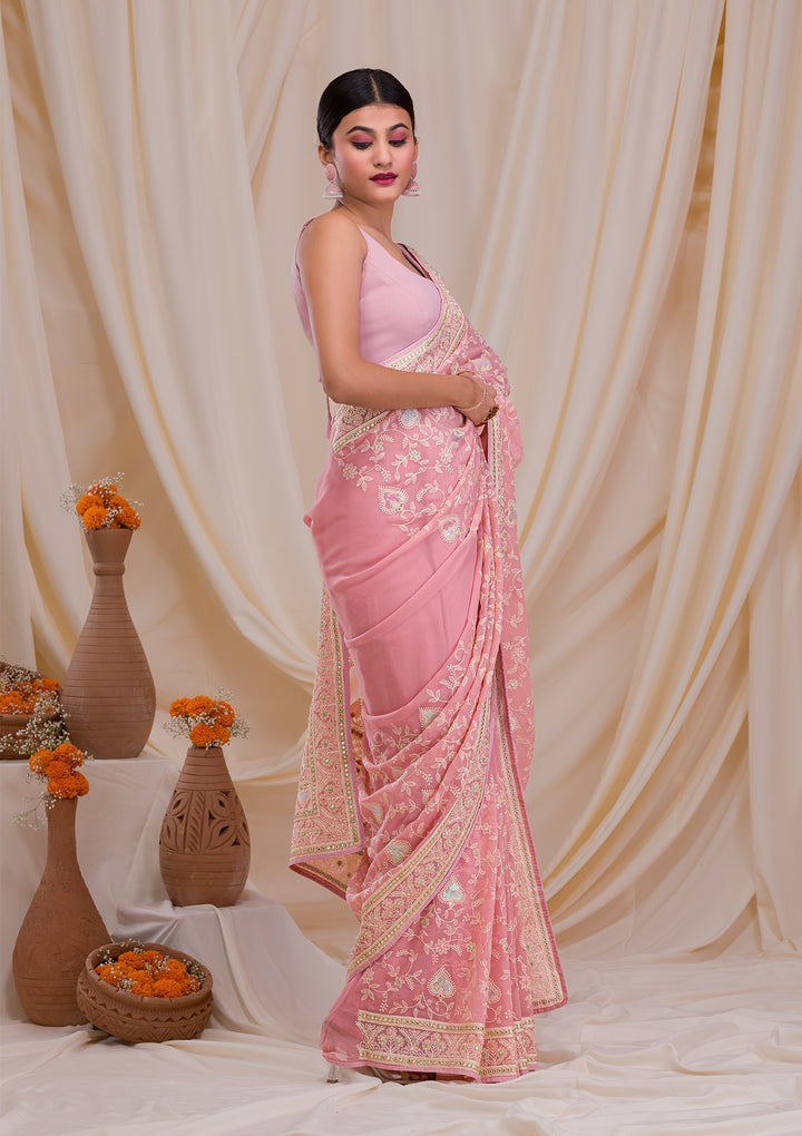 Pink Gotapatti Chiffon Saree