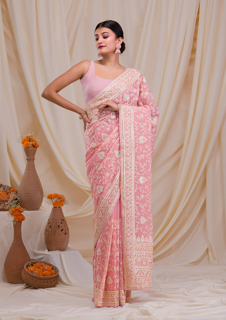 Pink Gotapatti Chiffon Saree