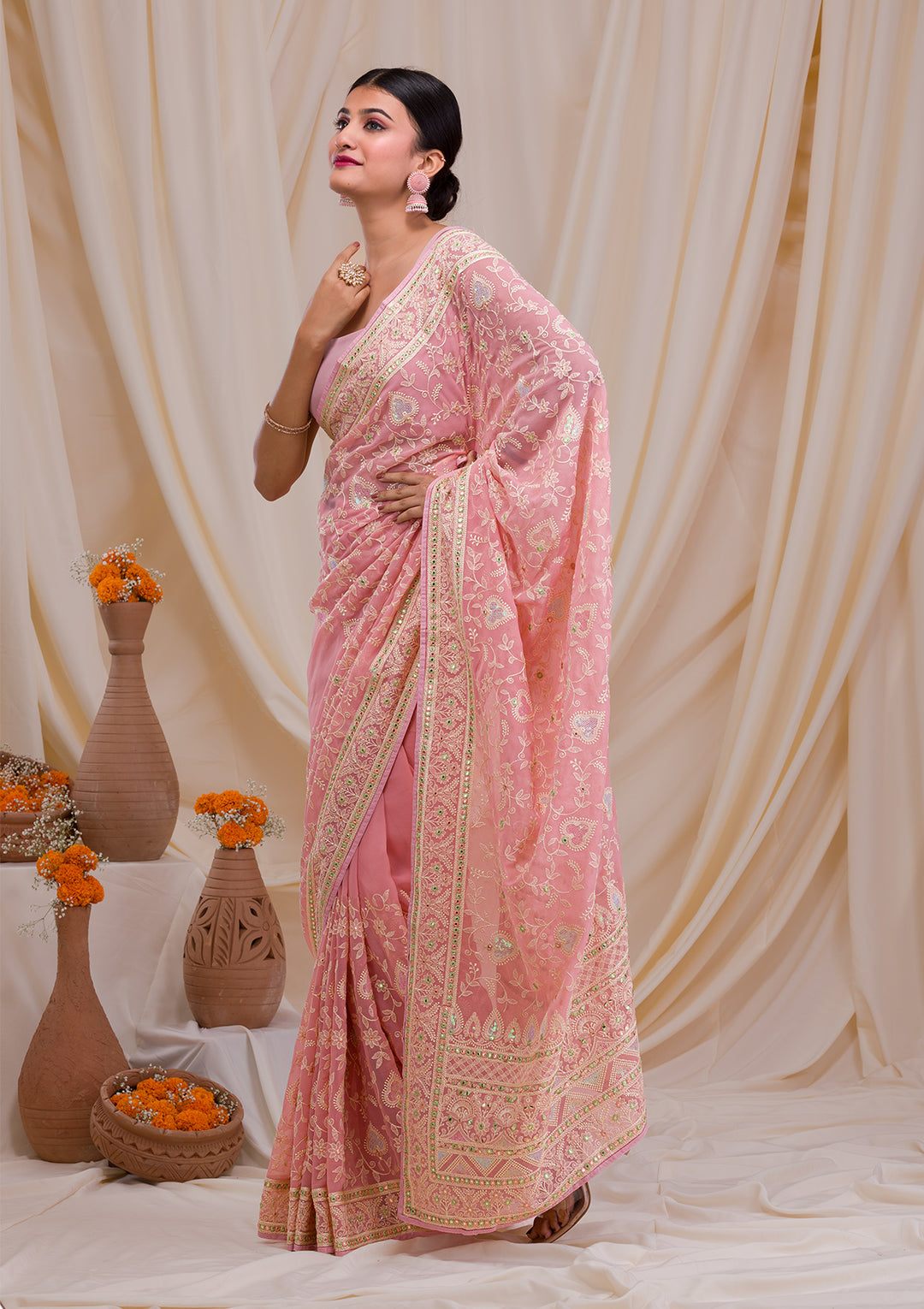 Pink Gotapatti Chiffon Saree