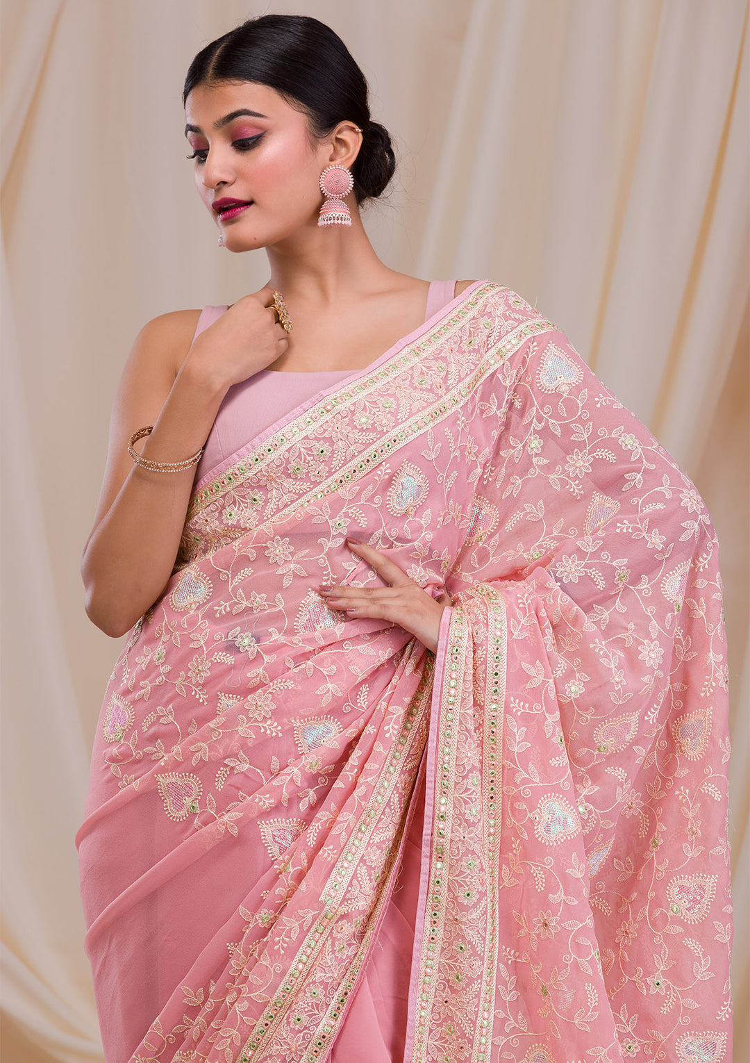 Pink Gotapatti Chiffon Saree