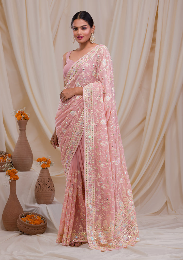 Pink Gotapatti Chiffon Saree-Koskii