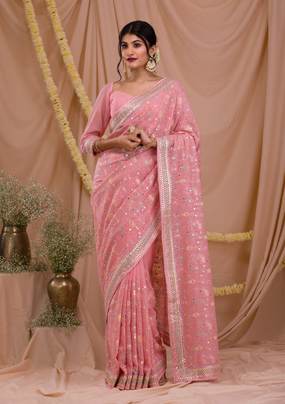Pink Gotapatti Geogette Saree-Koskii