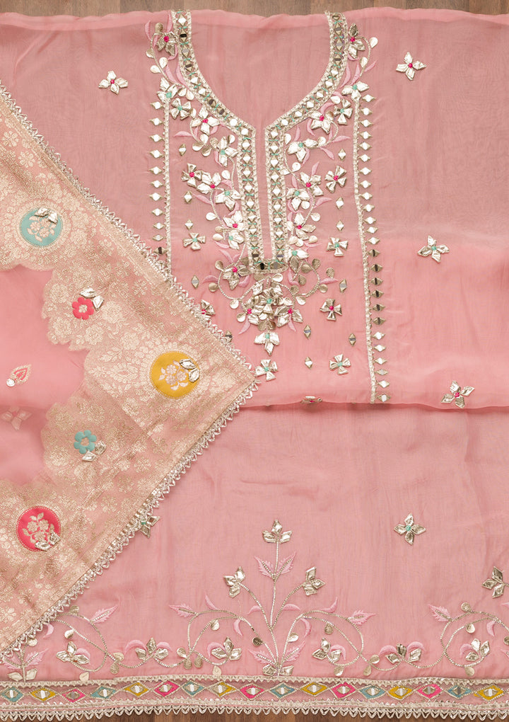 Pink Gotapatti Organza Unstitched Salwar Suit