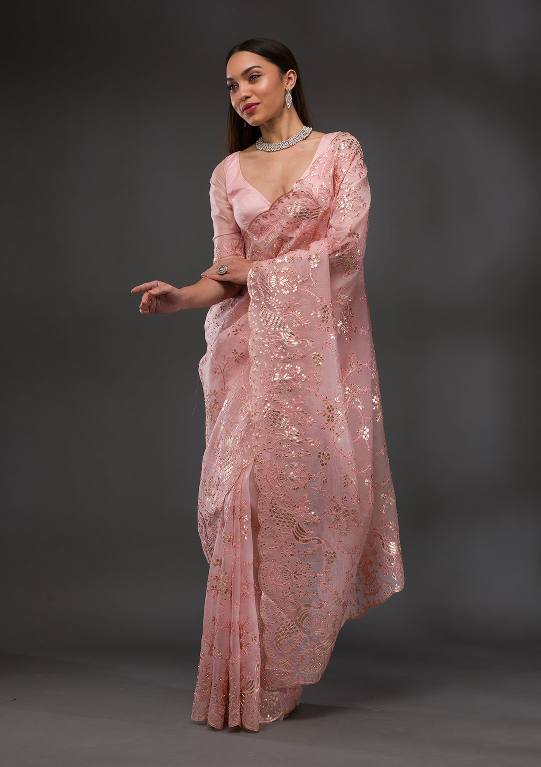 Pink Gotapatti Organza Saree