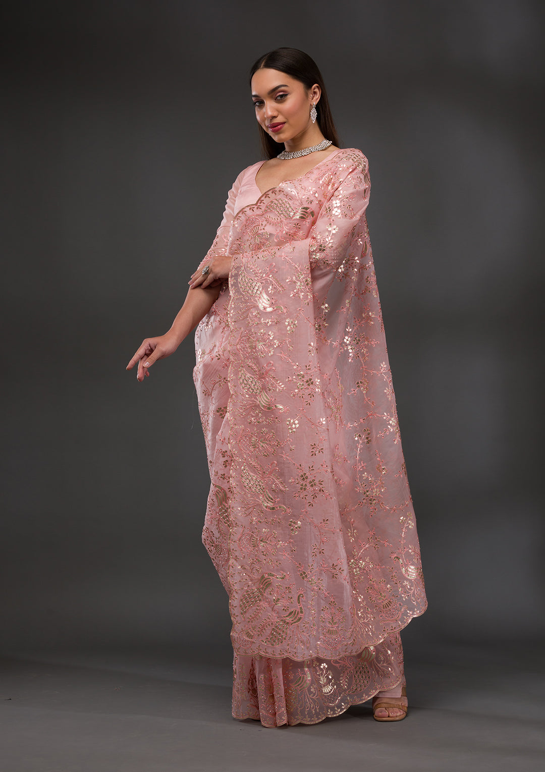 Pink Gotapatti Organza Saree